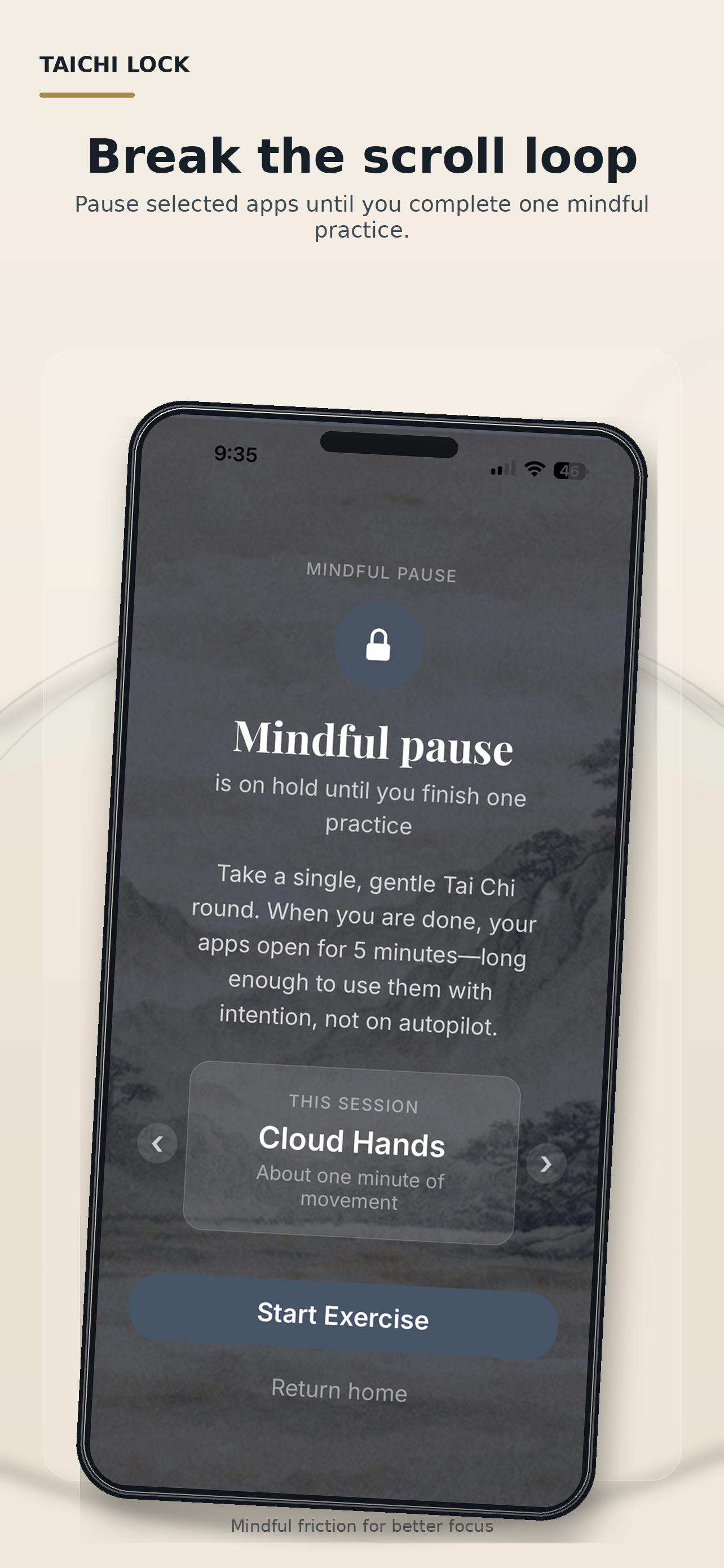 Taichi Lock app screenshot showing mindful app pause
