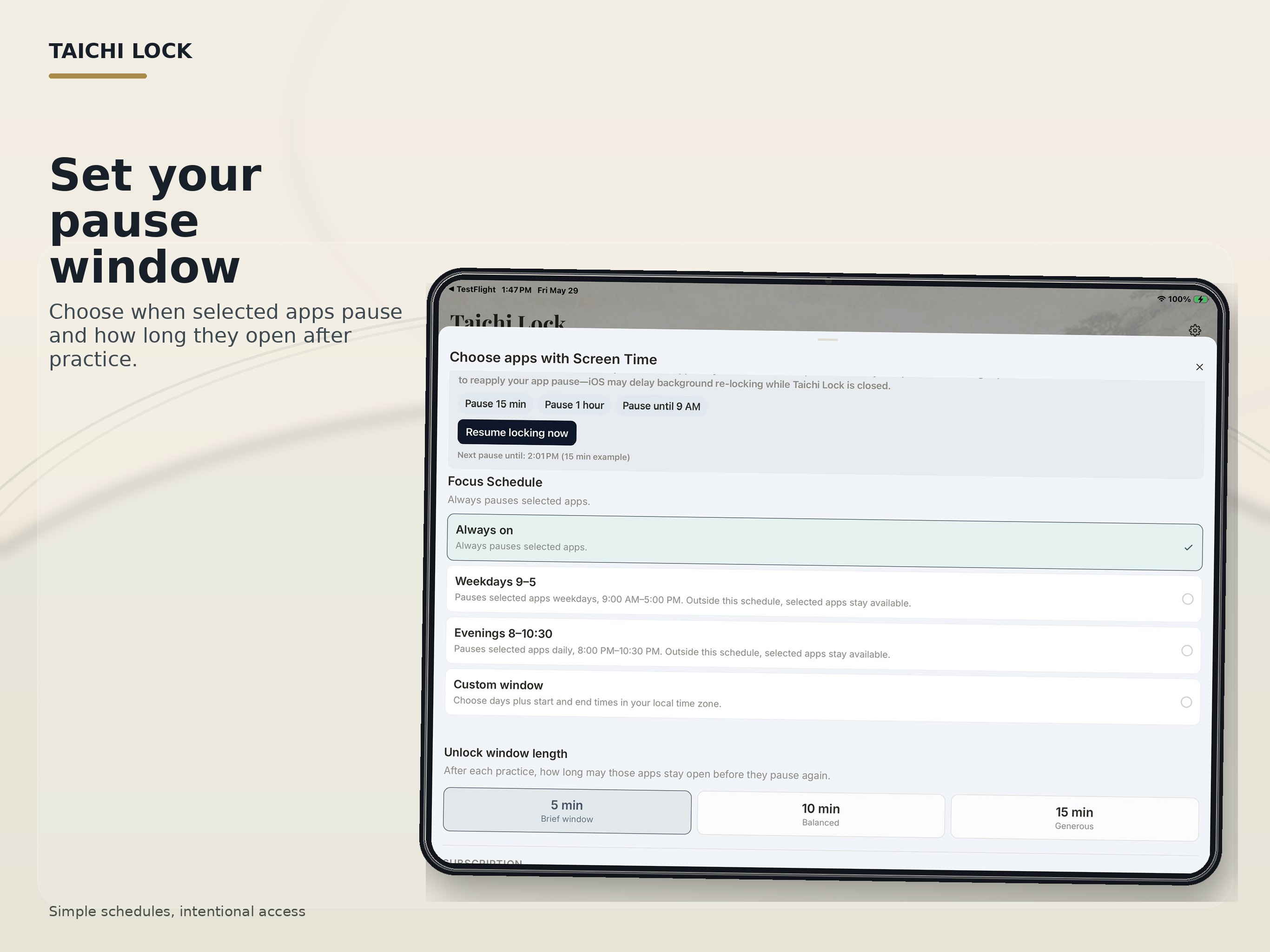 Taichi Lock focus schedule on iPad